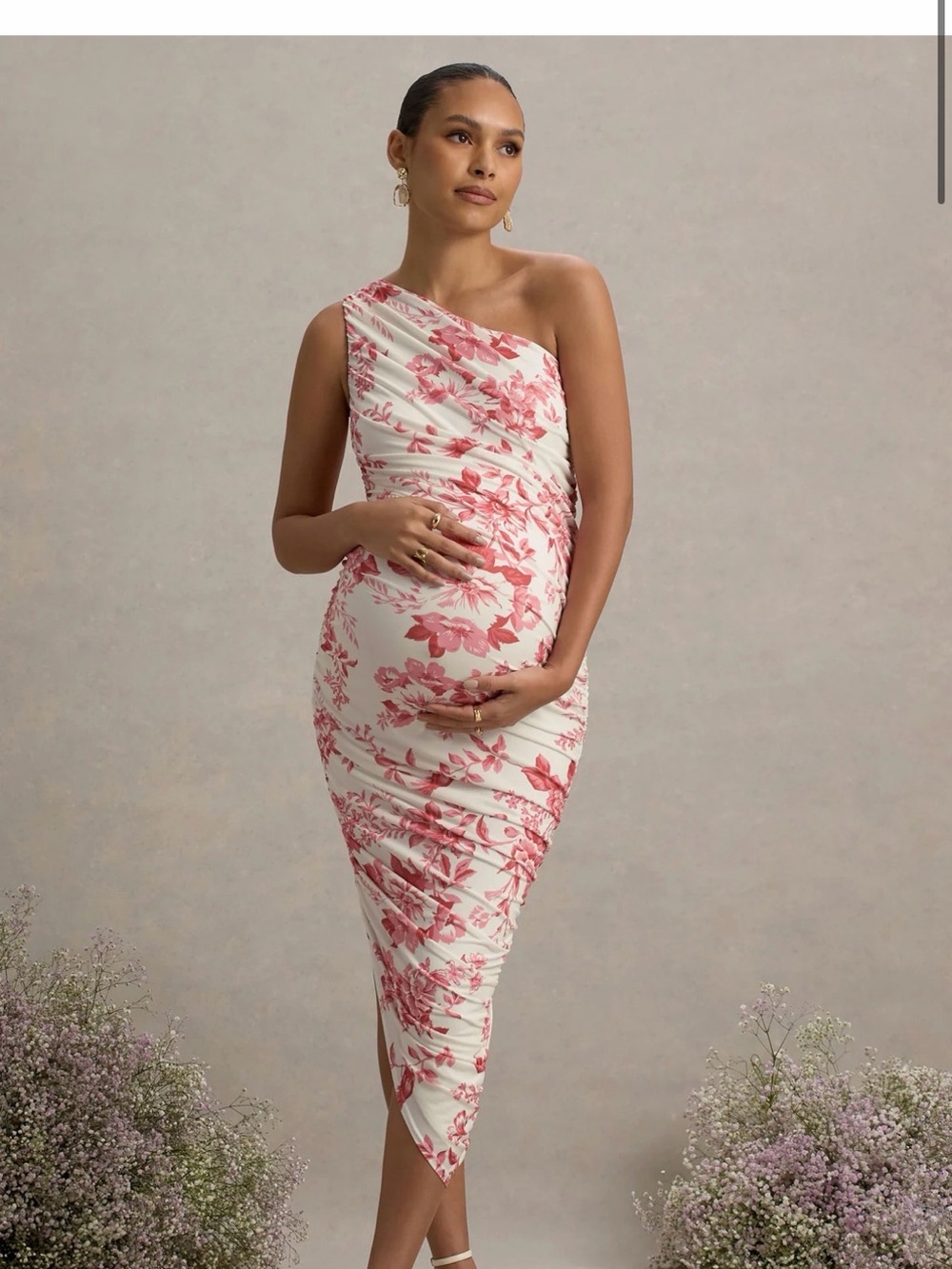 Club L London One-Shoulder Floral Midi Dress in Pink and Cream